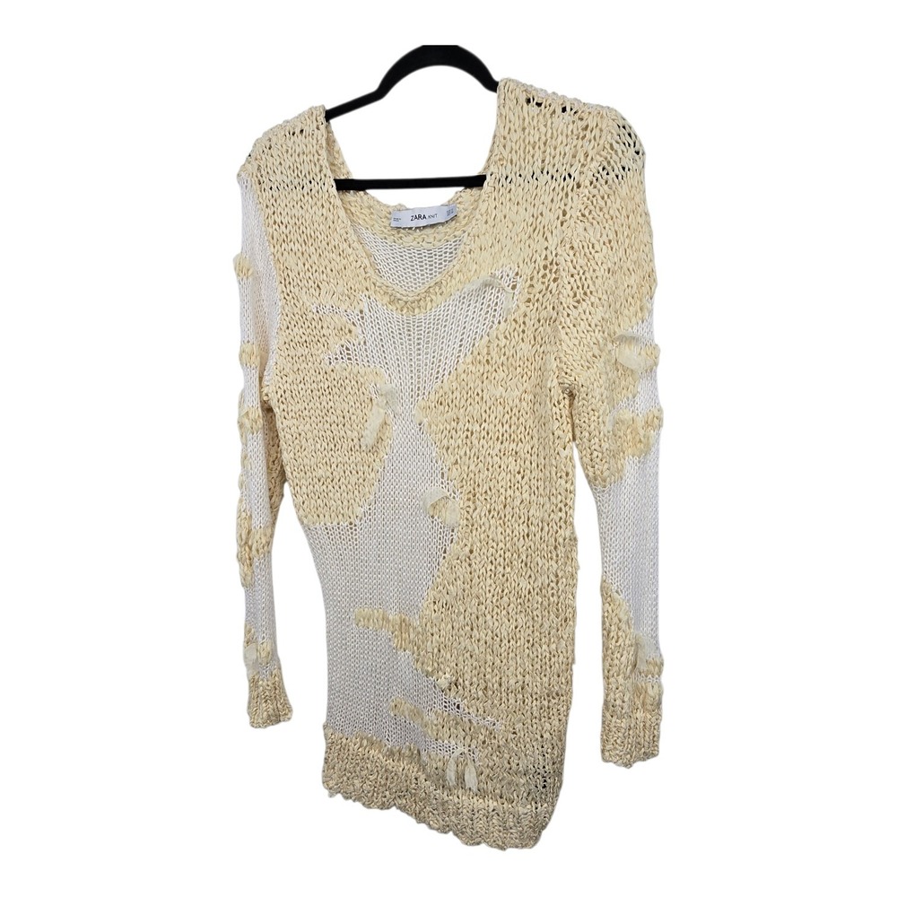 Zara Open Knit Long Sleeve Pullover Sweater Womens MED Ribbon Tie Detail Stretch